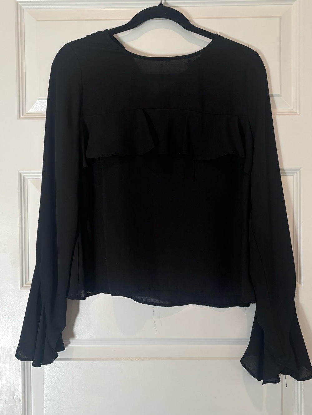 Shinestar Black Ruffle-Yoke Long Sleeve Blouse